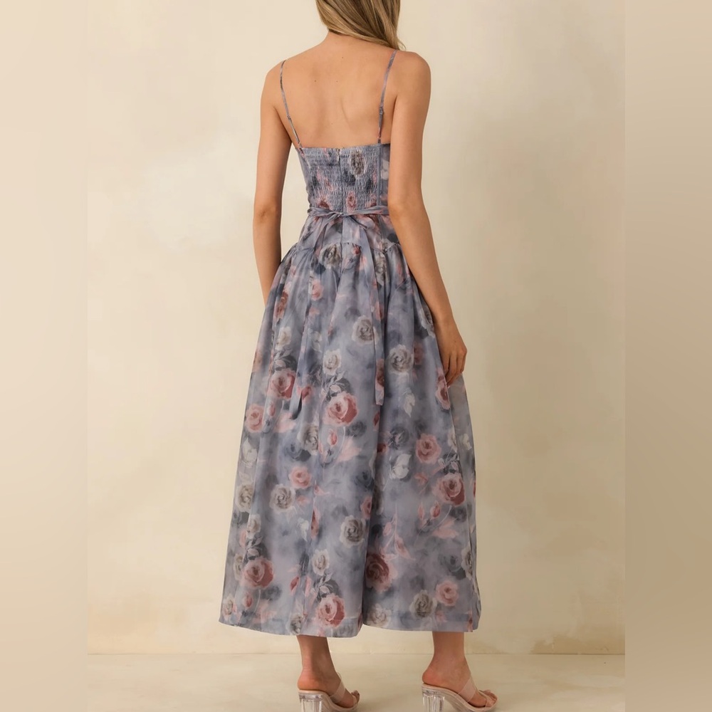Bloom Service Grey Multi Floral Cutout Bodice Midi Dress - Picture 3 of 3